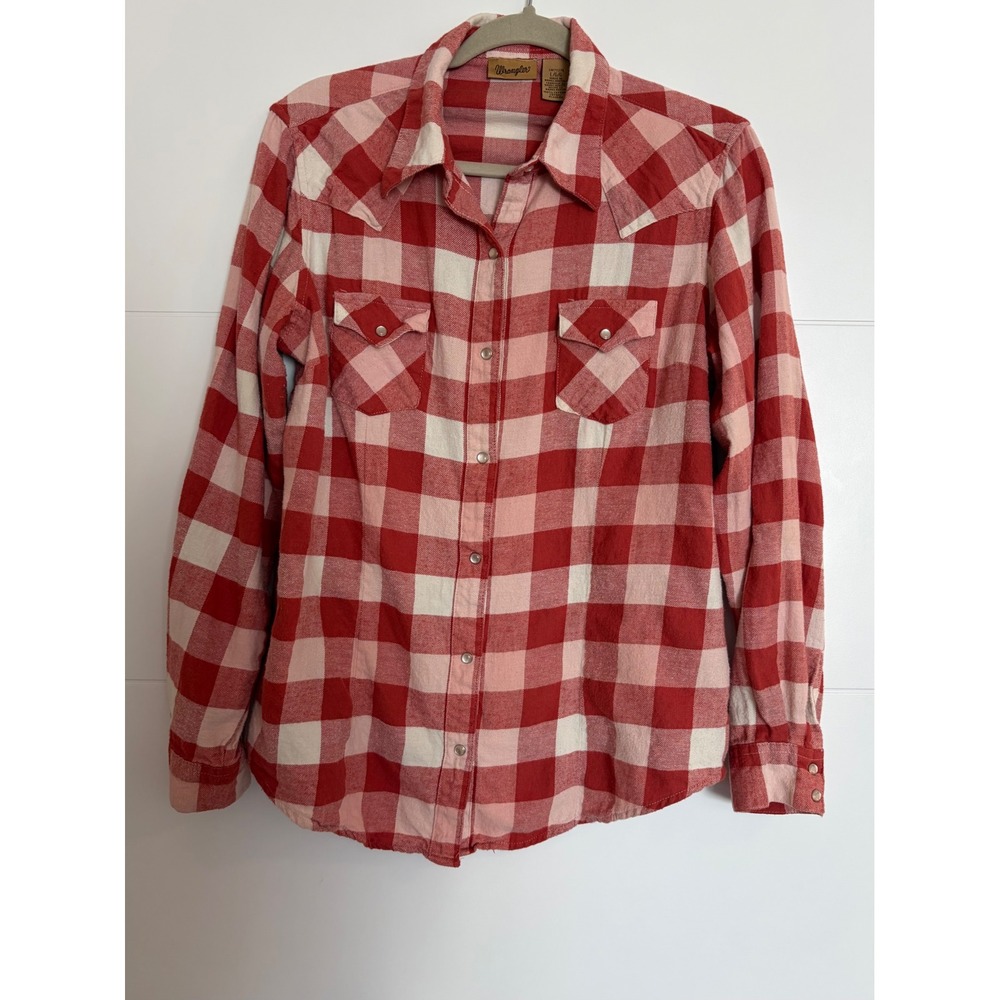 Wrangler Womens Red Pink Buffalo Plaid Western Snap Front Shirt Large